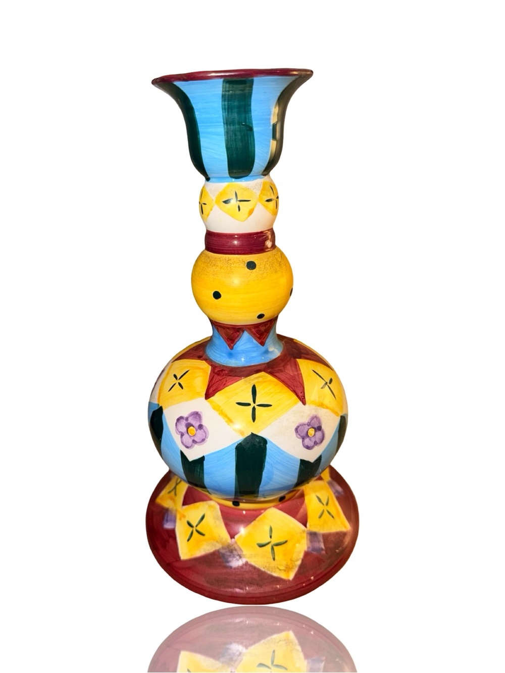 Vintage Multicolor Hand-Painted Ceramic Vase - Yellow, Blue & Red
